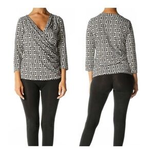 TALBOTS PETITES 3/4 Sleeve Wrap Front Top - Black/Off White Crosshatch